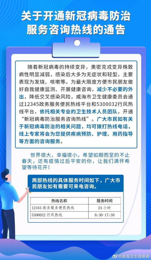 威海開通新冠病毒防治服務咨詢熱線，提供便捷信息咨詢服務